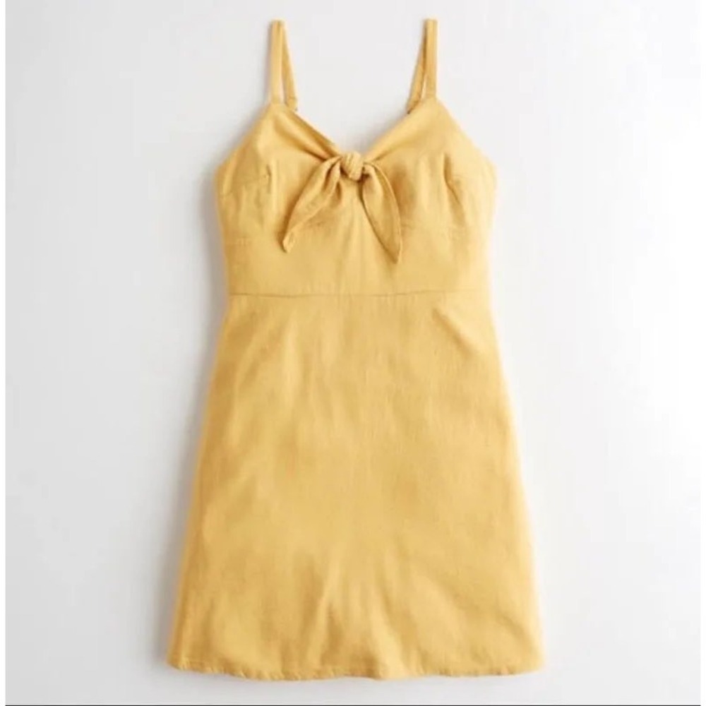 Hollister Mustard Yellow Tie Front Linen Blend Mini Dress Adjustable Straps | SM